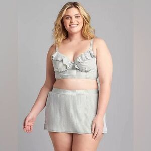 Lane Bryant | Cacique Swim Seersucker Stripe Hedge Green Balconette Top & Skirt